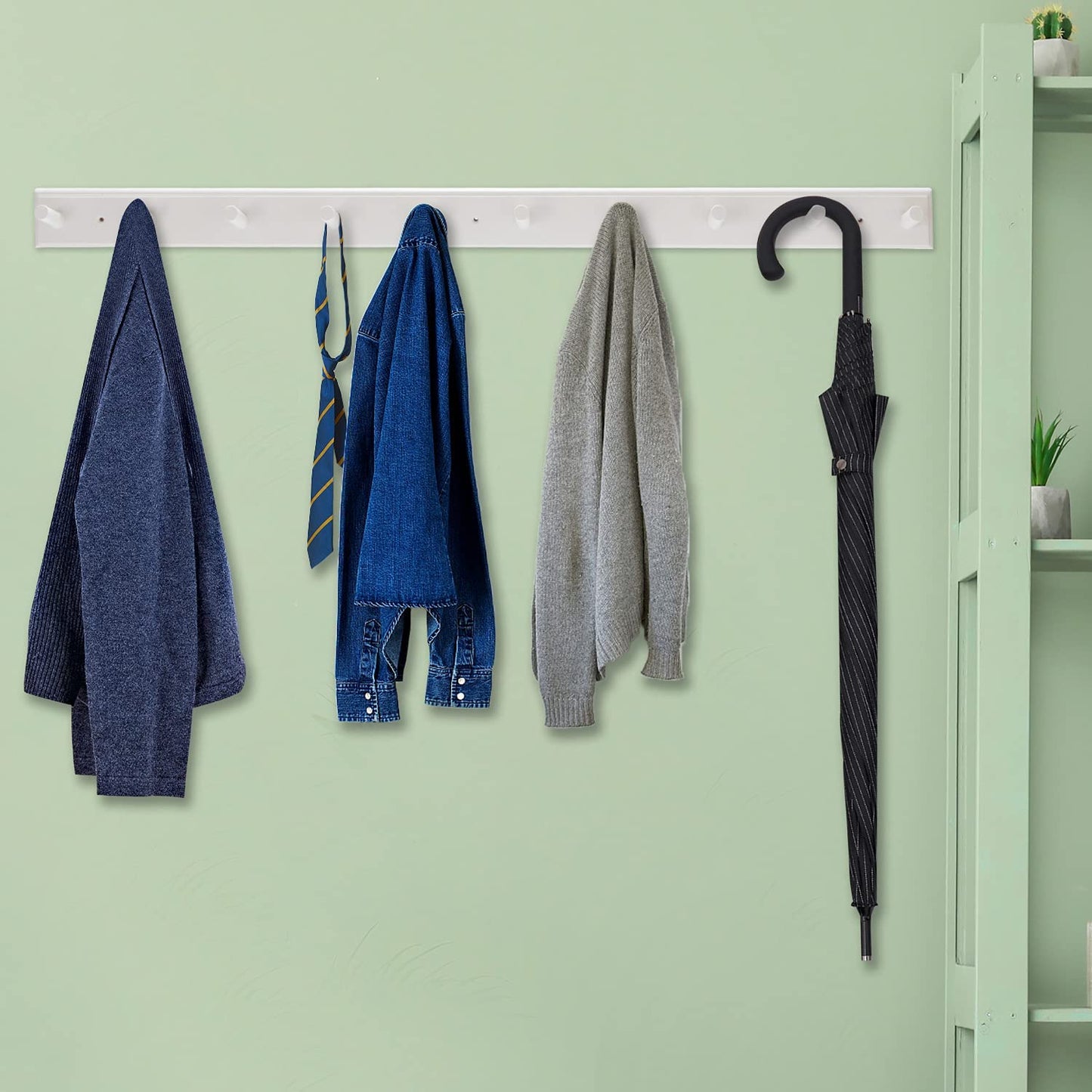 10 Hook Coat Rack Wall Mounted, Long 38 Inches Wooden Wall Coat Hanger with 10 Pegs, 16'' Hole to Hole Wall Coat Hooks for Hanging Towels, Hats, Backpacks, Clothing, Caps (White