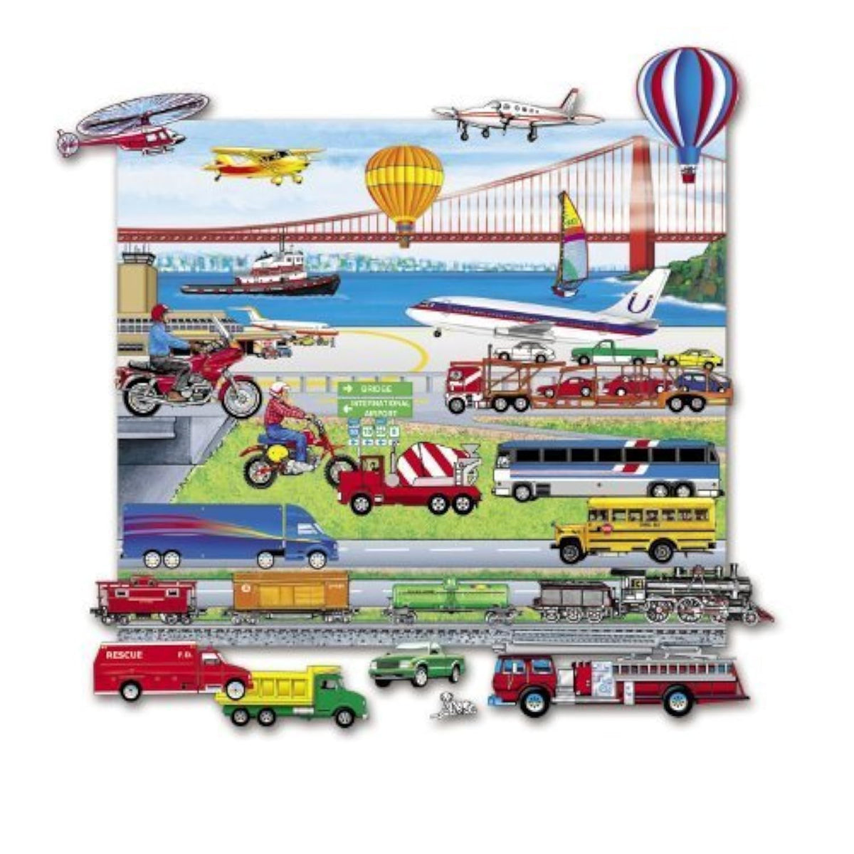 Little Folk Visuals Felt Fun: Trains, Trucks, & Planes Precut Flannel/Felt Board Figures with 13x15 Inches Mounted Playboard, 24 Pieces Set