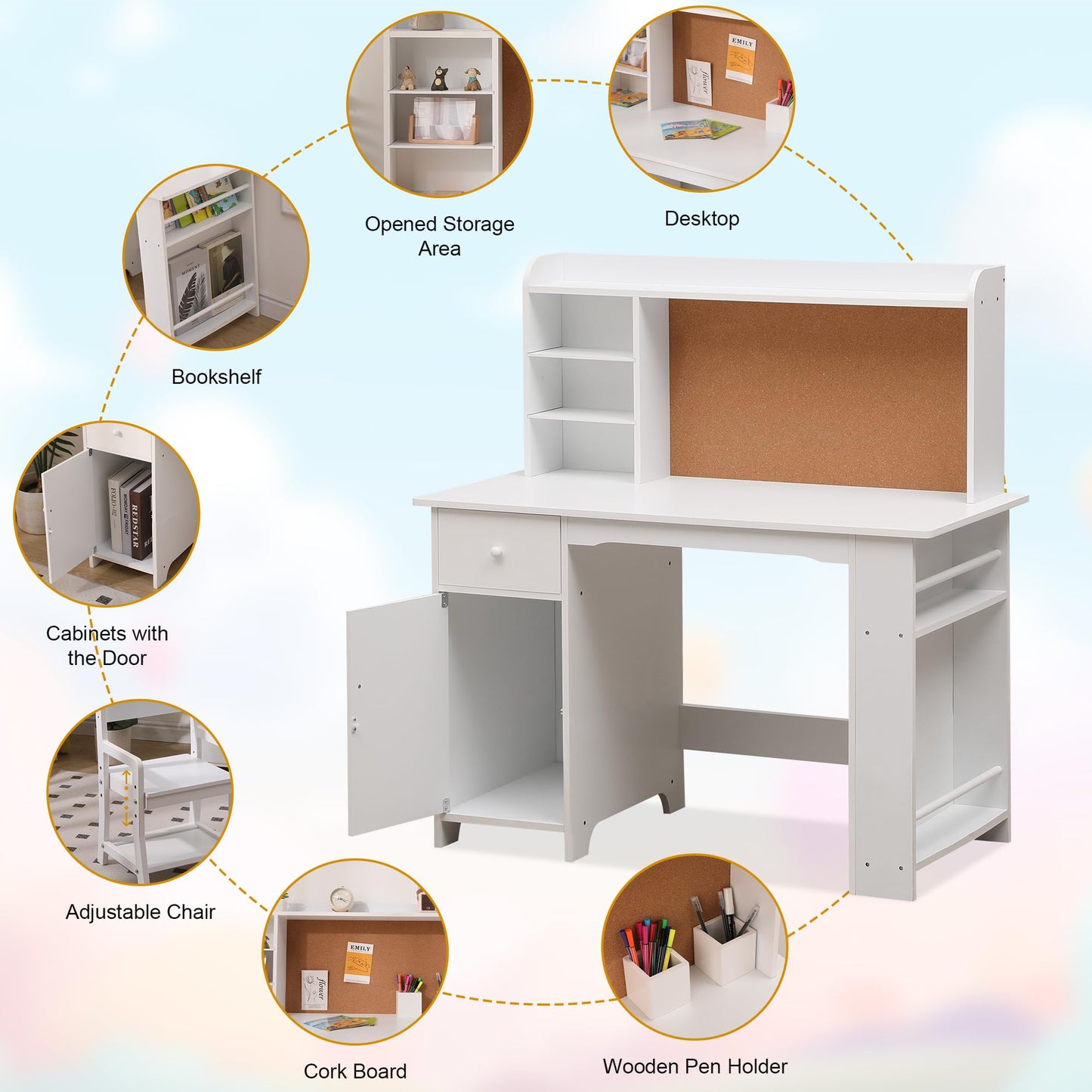 Garvee Kids Desk, Study Desk and Chair Set for Boys and Girl, Wooden Kids Writing Table with Bookshelf, Bulletin Board, Cabinet and Drawer for Ages 3-8, White