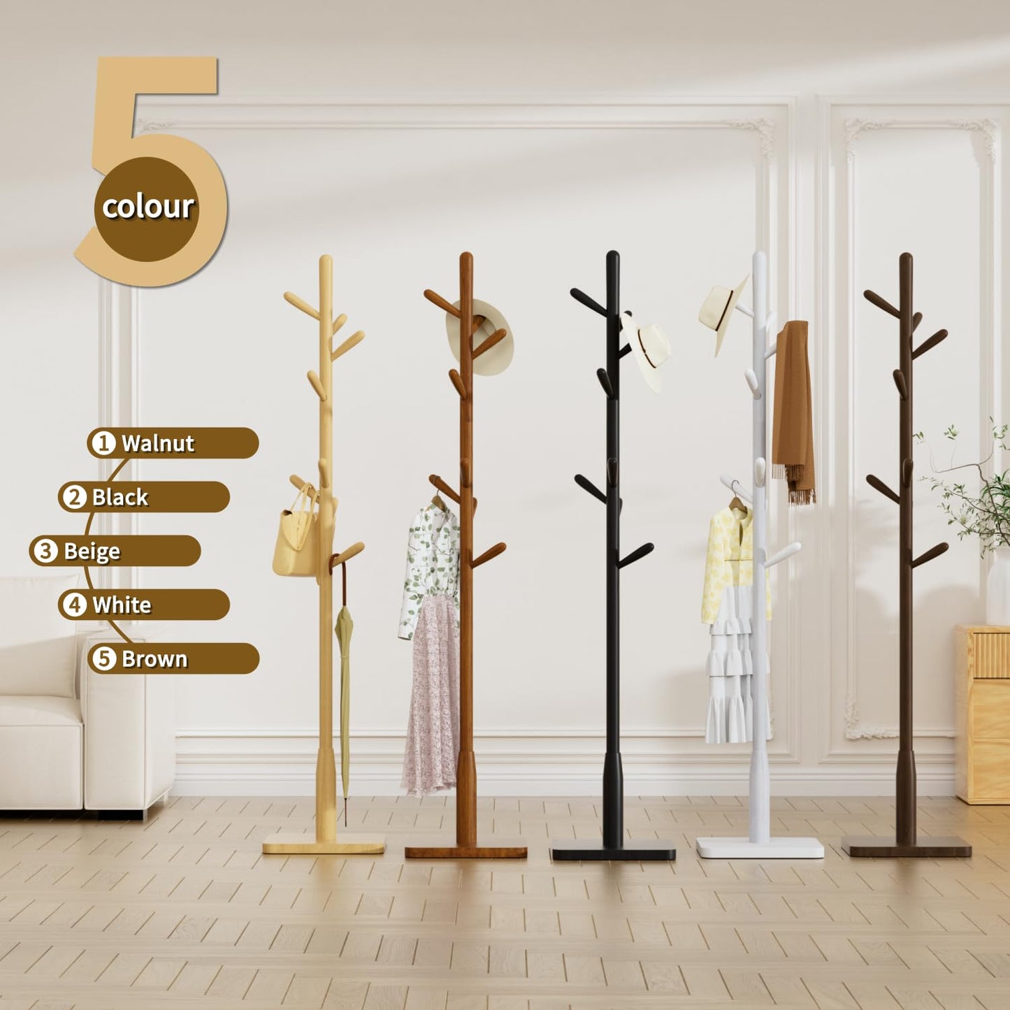 Awatiwa Solid Wood Square Base Coat Rack, Free Standing Hall Coat Tree with 8 Hooks(+2 spare for Coats, Hats, Bags, Purses, for Entryway, Hallway, Rubberwood Hooks,Base and Pole,(Square Base,Brown)