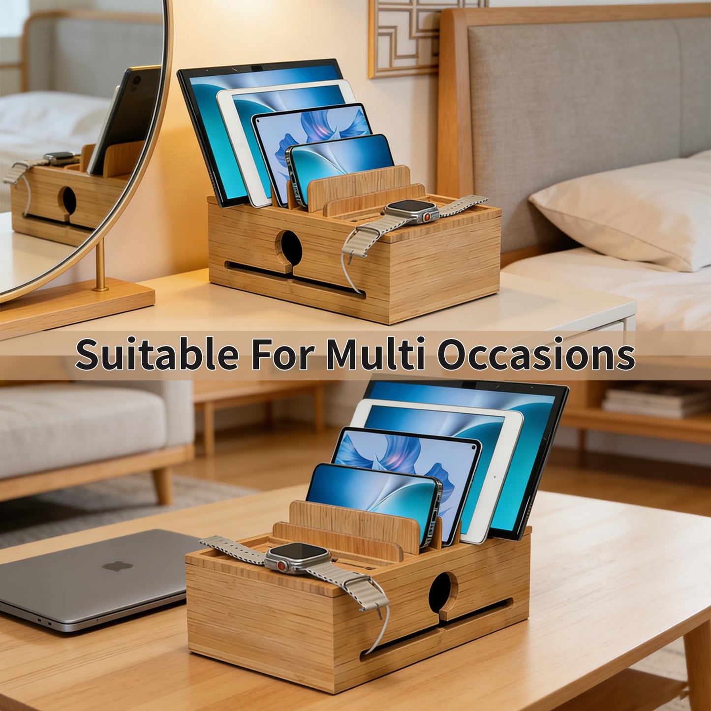 PERFECYEE Bamboo Charging Station Organizer for Multi-Devices with Tray, Nightstand Desk Electronic Organizer Stand for Cell Phone, Tablet, Etc (with 5-Cable, No USB Charger)