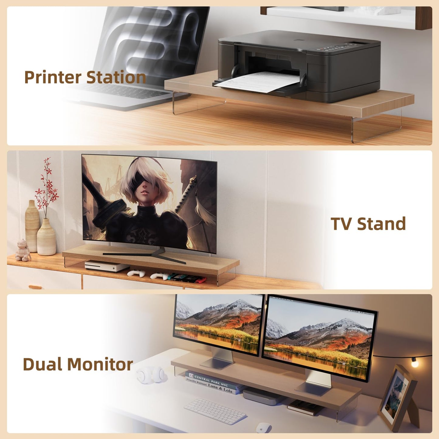 SSWOOD Monitor Stand Riser, Wood & Acrylic Computer Monitor Stand Desk Desktop Organizer Table For Home, Office Workspace, Laptop Riser, Printer, PC & TV Screen Riser
