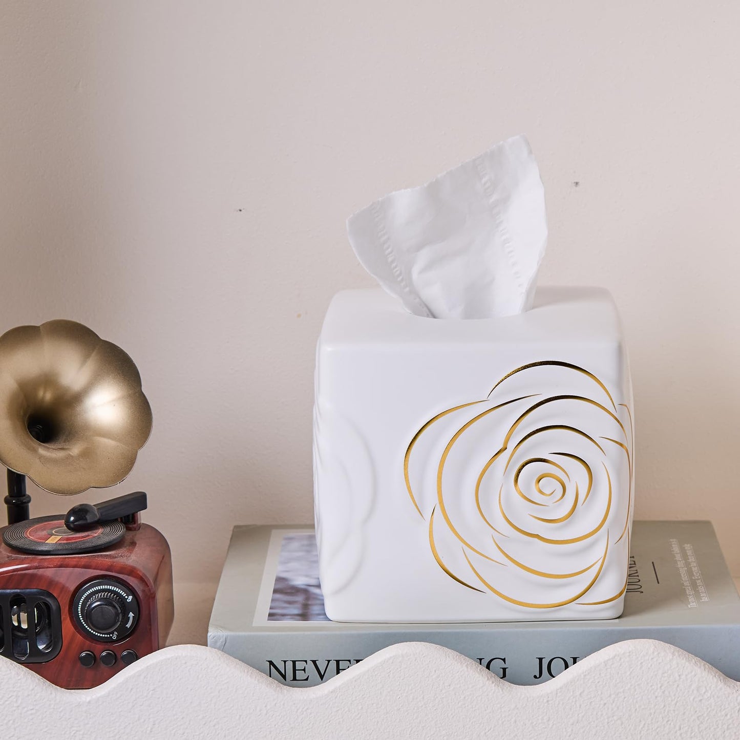 White Ceramic Cube Tissue Box Cover with Gold Rose – Large Elegant Rose Floral Square Decorative Tissue Box Holder for Bathroom, Bedroom, Office Desk, Kitchen Counter – Perfect Housewarming Gift