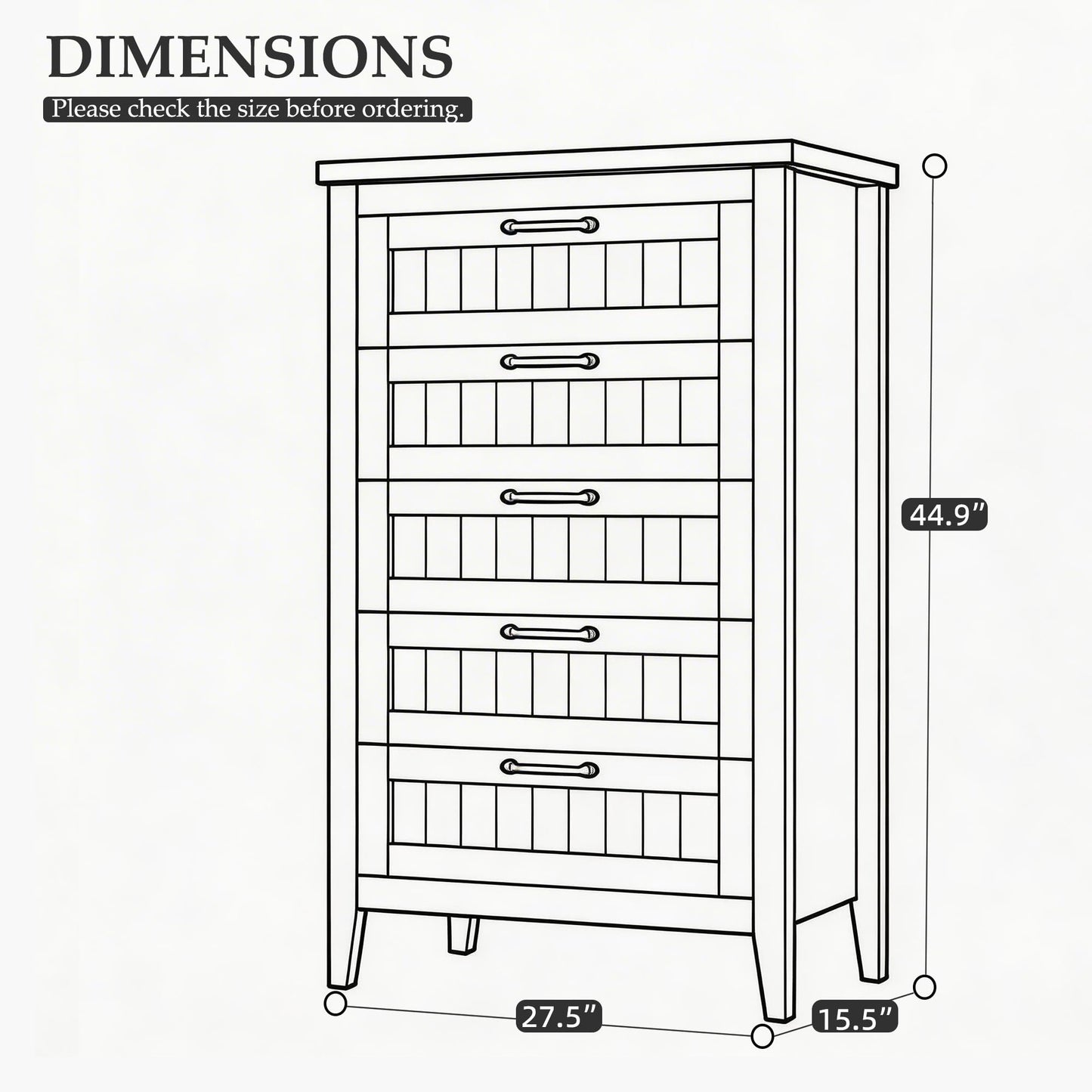 GarveeHome Farmhouse Tall 5 Drawer Dresser with Charging Station & LED Lights, Slim Wooden Bedroom Dresser, Rustic Chest of Drawers Clothes Storage Organizer for Closet Dorm Apartments, White