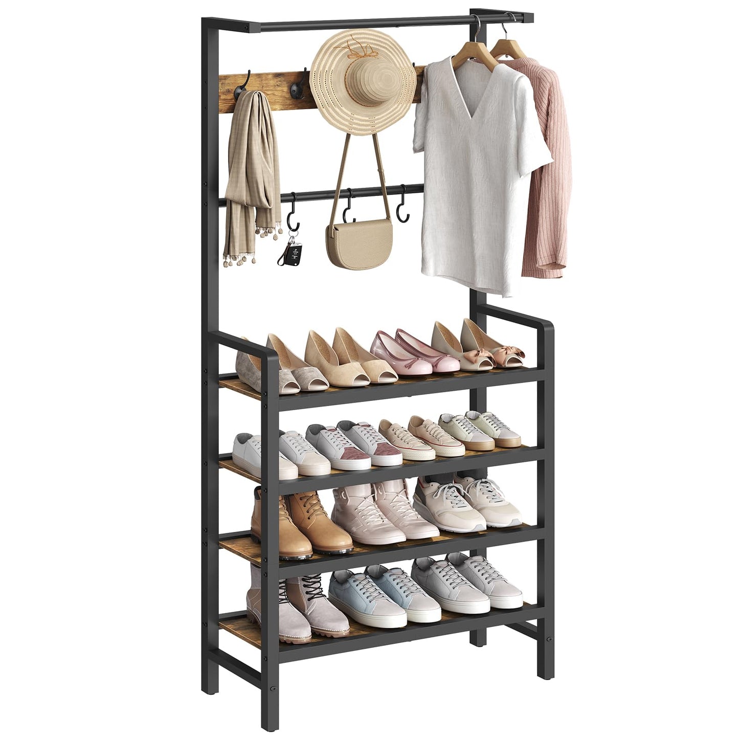 YATINEY Hall Tree, Coat and Shoe Rack, Entryway Coat Rack with 4-Tier Wooden Shoe Rack and 10 Hooks, Freestanding Hall Tree with Shoe Storage for Entryway, Hallway, Rustic Brown and Black MT09BR