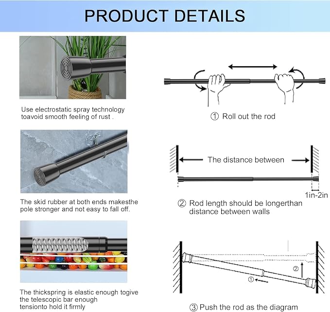 AIZESI Spring Tension Rods Adjustable Tension Curtain Rod Small Tension Rod No Drilling Expandable Spring Loaded Curtain Tension Rod(Black,26" to 39"-6Pcs)