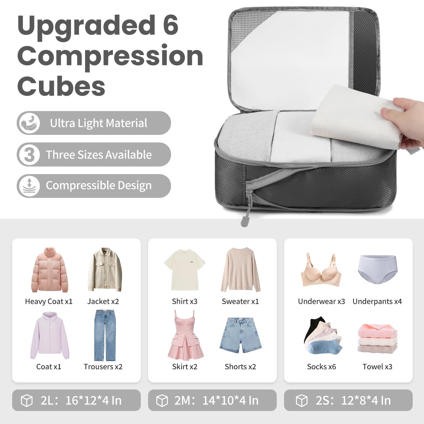 Prezon 8 Set/6 Set/4 Set Compression Packing Cubes for Travel, Lightweight Vacation Travel Essentials,Accessories for Suitcase Organizer Bags Set, Durable Luggage Organizer (6-half mesh-Grey)
