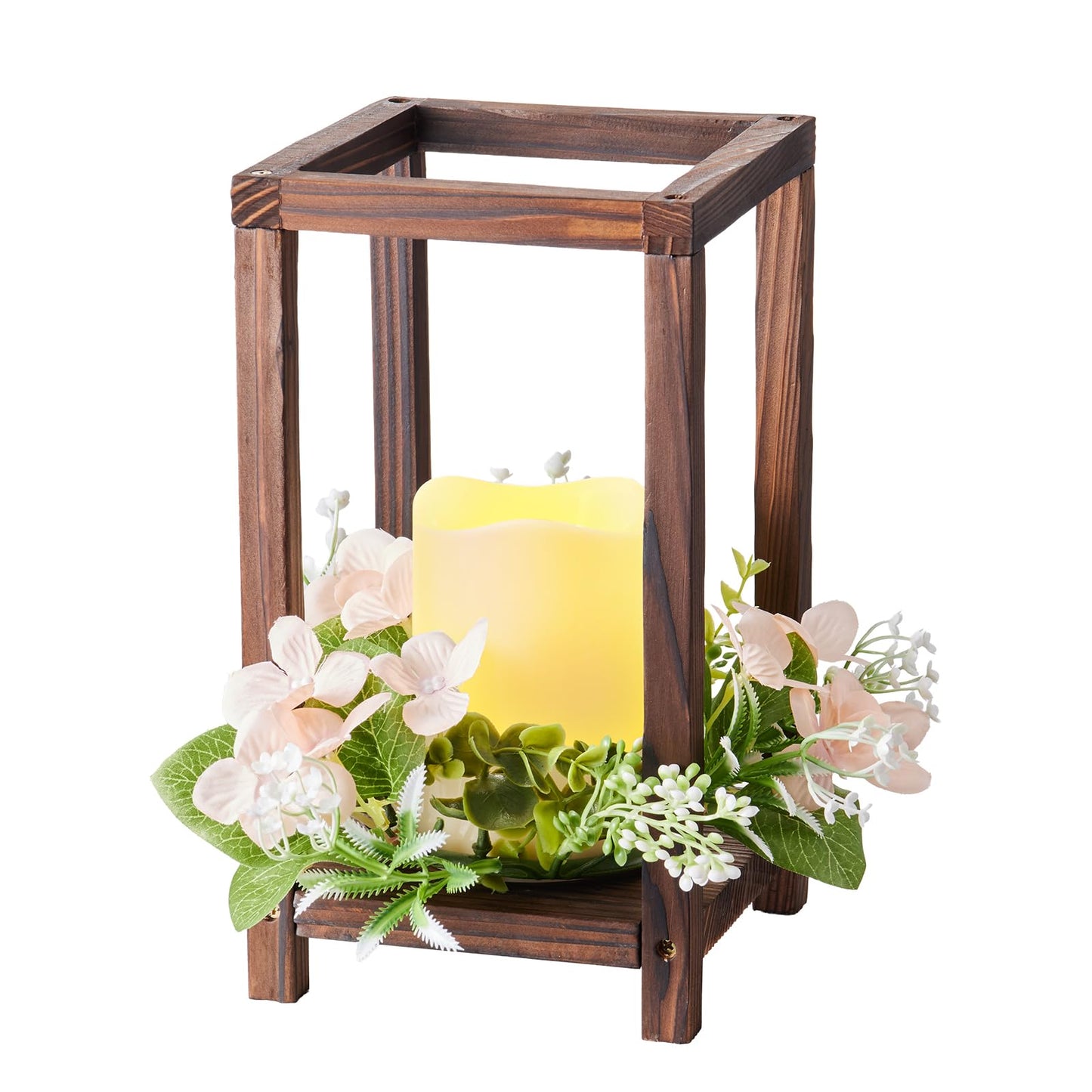 VEVOR 10 Set/30 Pcs Wooden Wedding Lantern Centerpiece, Includes 10 Wooden Lantern Candle Holder 10 Flameless LED Candle 10 Champagne Flower Wreath for Wedding Table Party Farmhouse Decor, Brown