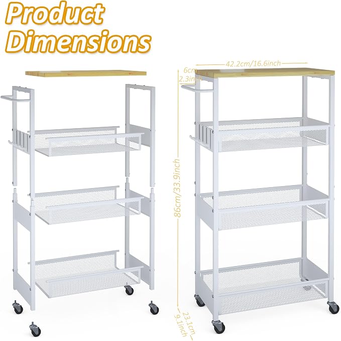 Vincona 9.1" Wide Slim Rolling Utility Cart, 4 Tier Metal Narrow Storage Cart with Handle and Wood Top, Multifunctional Small Mobile Shelf Unit Organizer Trolley for Laundry, Bathroom, Kitchen