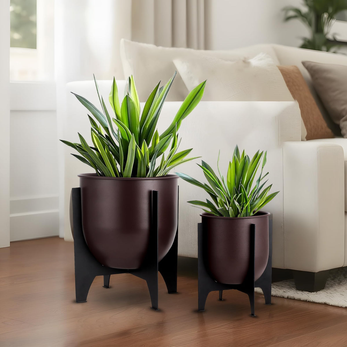 TRIROCKS Set of 2 Planters with Stand Indoor Outdoor Metal Plant Stand 16 &8" H Modern Planters Flower Pots for Living Room Corner Kitchen Office Garden Balcony Patio Decor