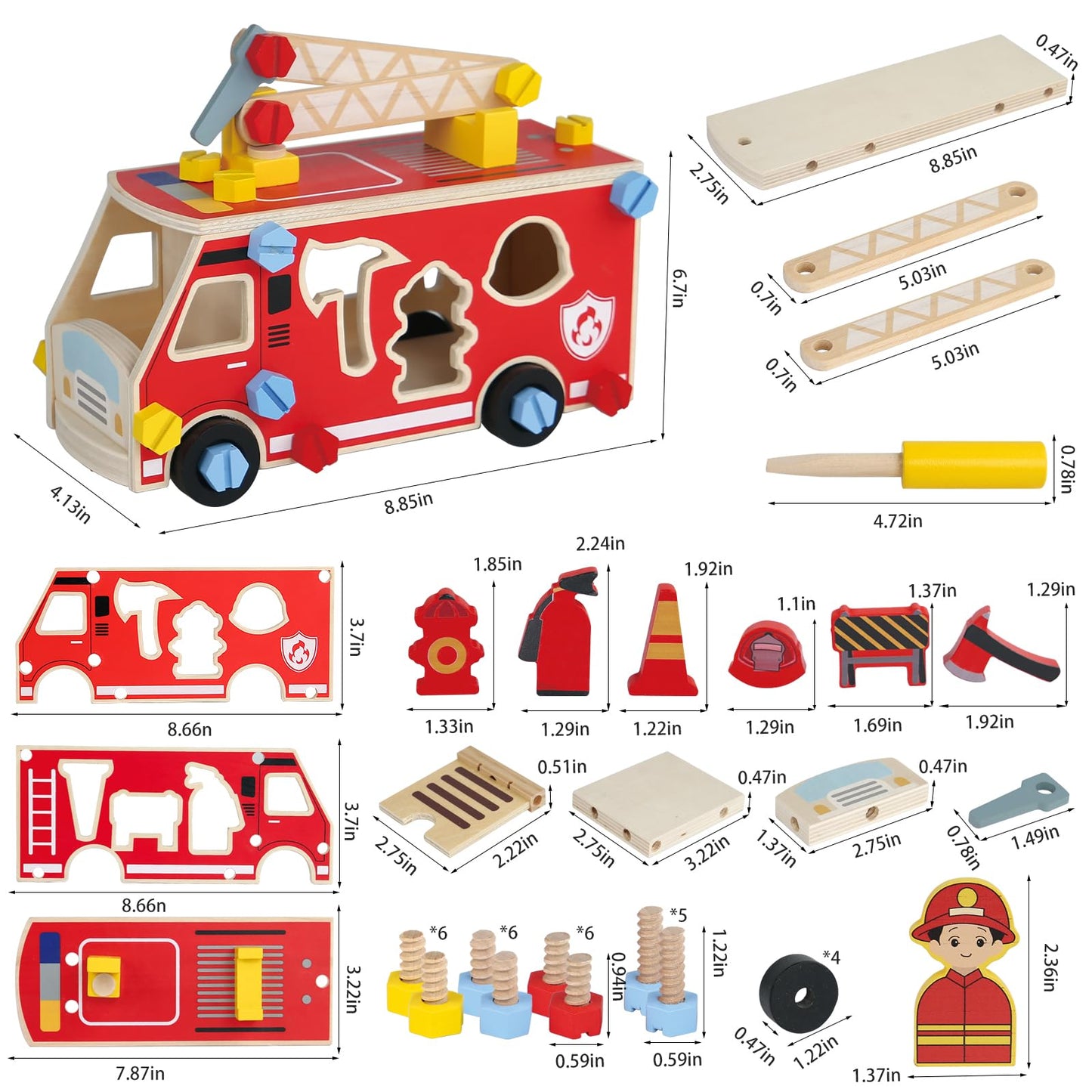 LOVELAND Wooden Fire Truck Toy – Take-Apart STEM Vehicle with Firefighter Tools & Shape Sorting, Montessori Educational Gift for Toddlers Boys Girls Ages 3+