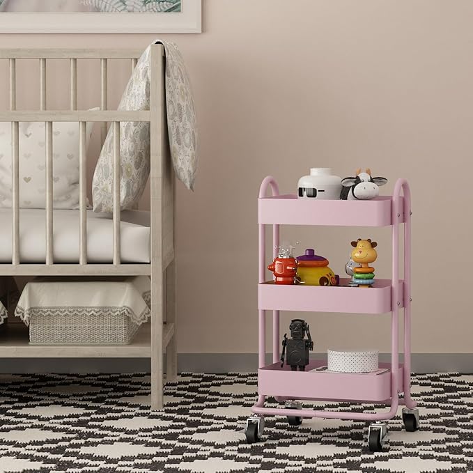 Metal Rolling Cart,3-Tier Pink Rolling Cart with Wheels,Metal Utility Cart with Wheels for Office,Home,Kitchen,Garden๏ผ13.4"x18.1"x31"๏ผ Pink