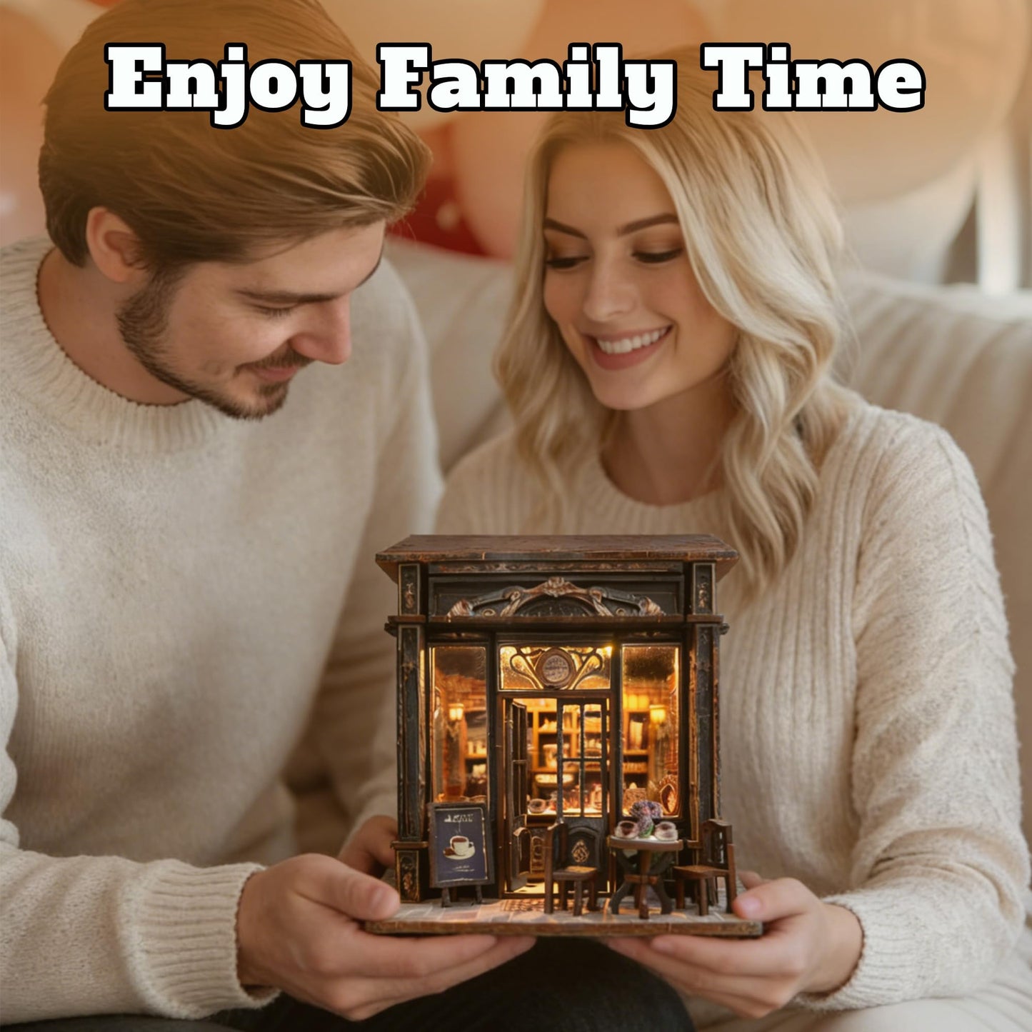 Coffee Shop Book Nook Kit, DIY Miniature House Kit with Led Light for Adult and Teens, 3D Wooden Puzzles Book Nook, Tiny House, Gifts for Family and Friends (with Assembly Manual)