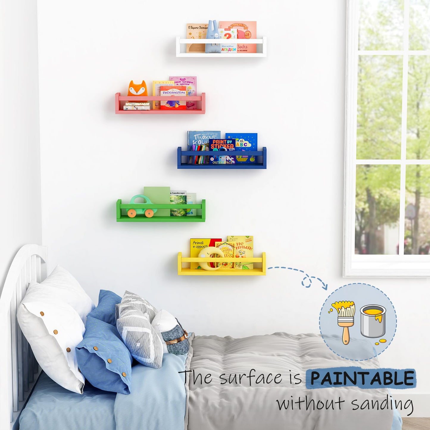 Harwaya Floating Nursery Book Shelves for Wall, Natural Wood Wall Bookshelf for Kids Room Bedroom, Small Wooden Hanging Baby Book Shelf and Toy Organizer for Nursery Girl Boy Toddler Child - Set of 3