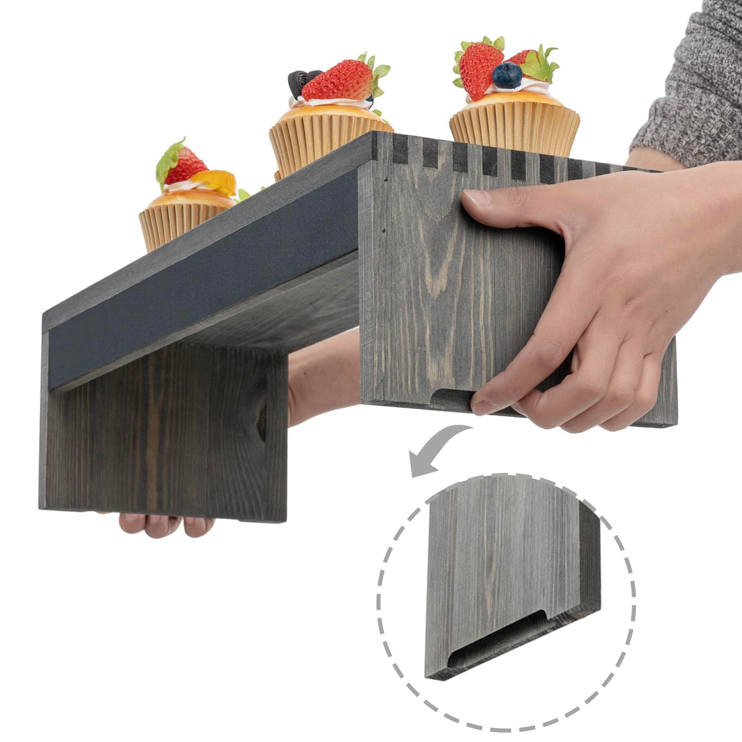 MyGift 3 Tier Wooden Display Risers, Cupcake Stand with Chalkboard Label Panels, 21 Inch Tabletop Nesting Dessert Stands, Gray Wood Retail and Merchandise Jewelry Perfume Candle Organizer Shelf