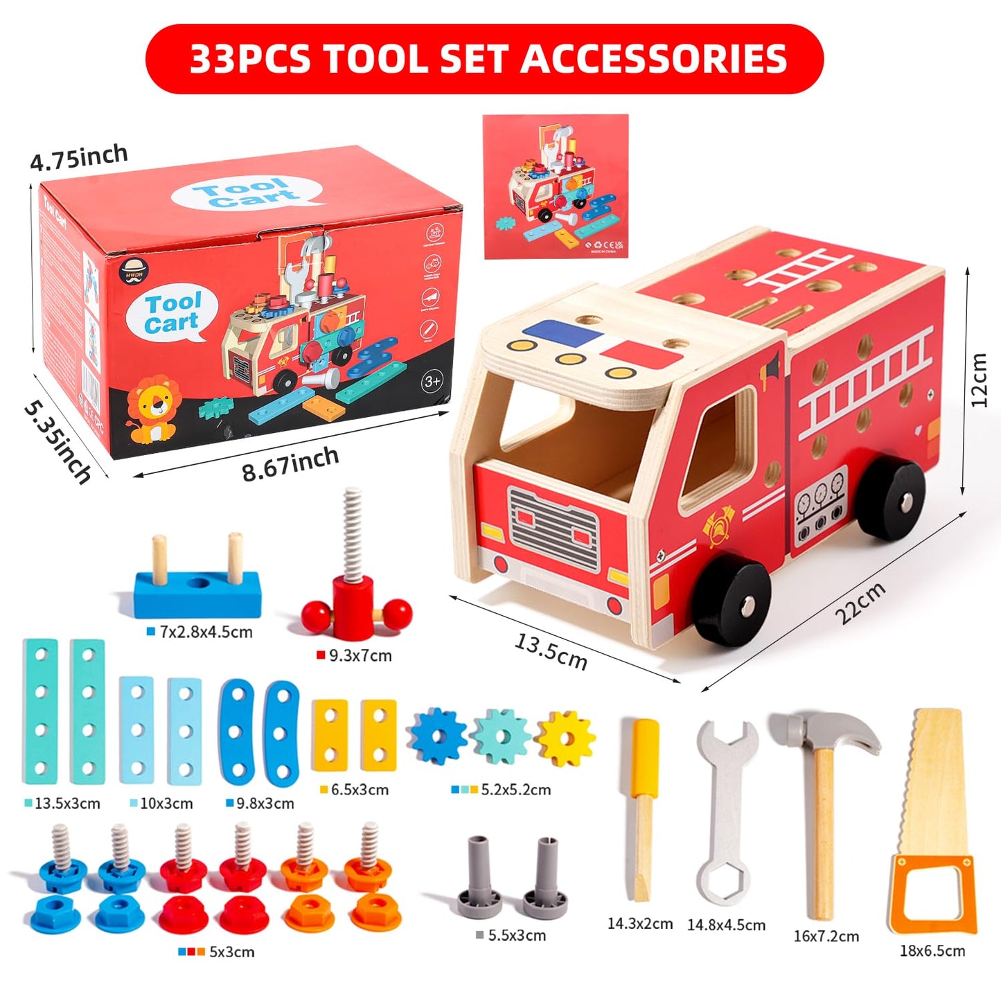 Toddler Tool Set - 33 PCS Wooden Kids Tools with Firetruck-Shaped Box / Bench, Montessori Educational Pretend Play Preschool Toys Gifts for 3 Year Old boy Girl Kids, STEM fine Motor Skills Tool Set