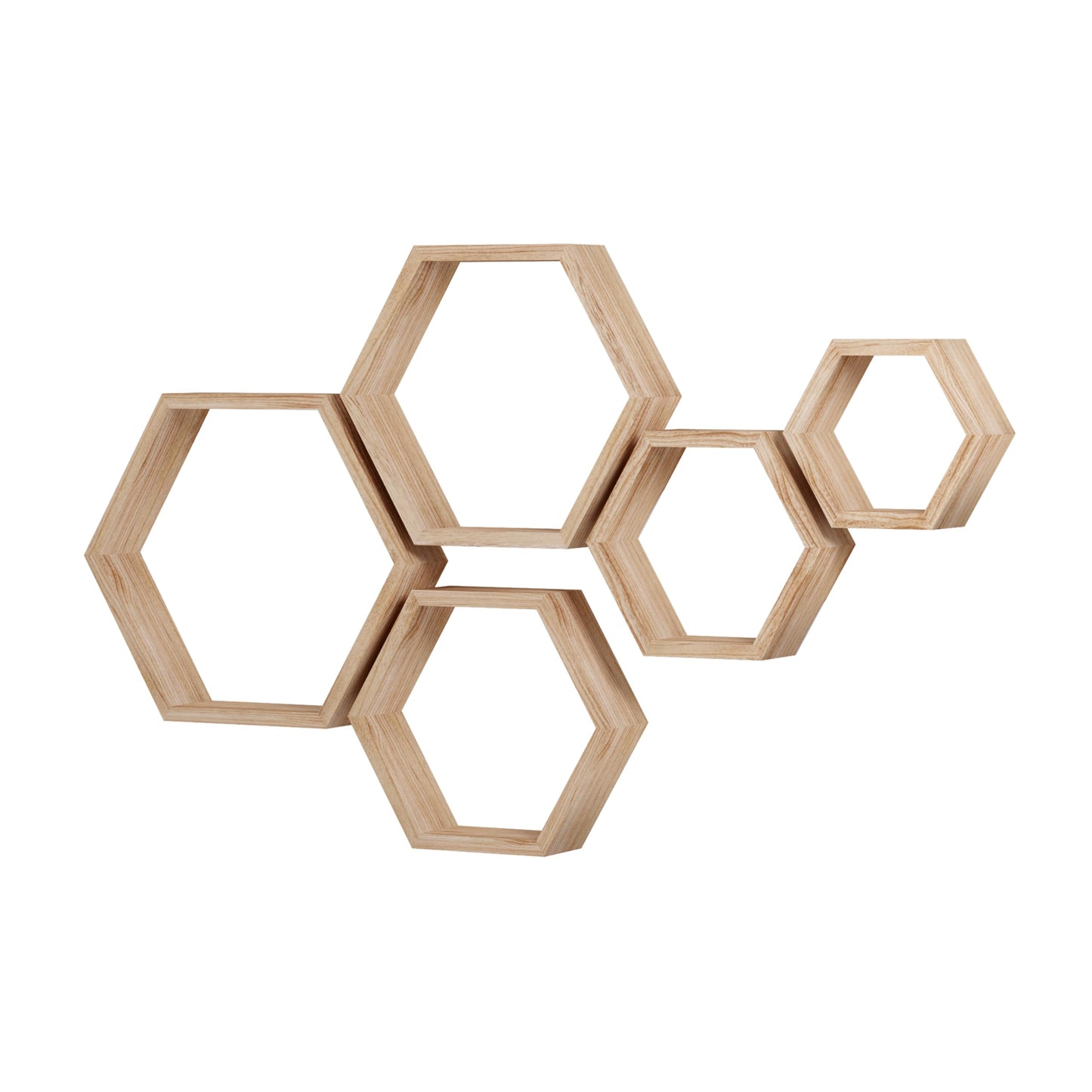 WONFUlity Hexagon Floating Shelves Honeycomb Shelves Wall Mounted Wood Farmhouse Storage Wall Shelf for Bathroom, Kitchen, Bedroom, Living Room,Driftwood Finish Decor,Light Brwon
