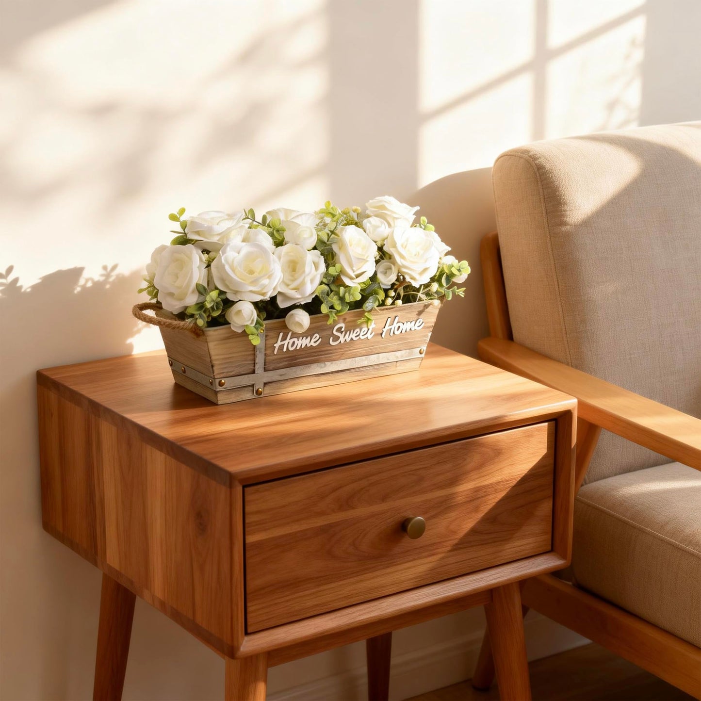 ANMAYNICE Artificial Rose Flower Arrangement with Eucalyptus in Wooden Planter, Faux Flowers Farmhouse Table Centerpiece, “Home Sweet Home” Rustic Home Décor, White