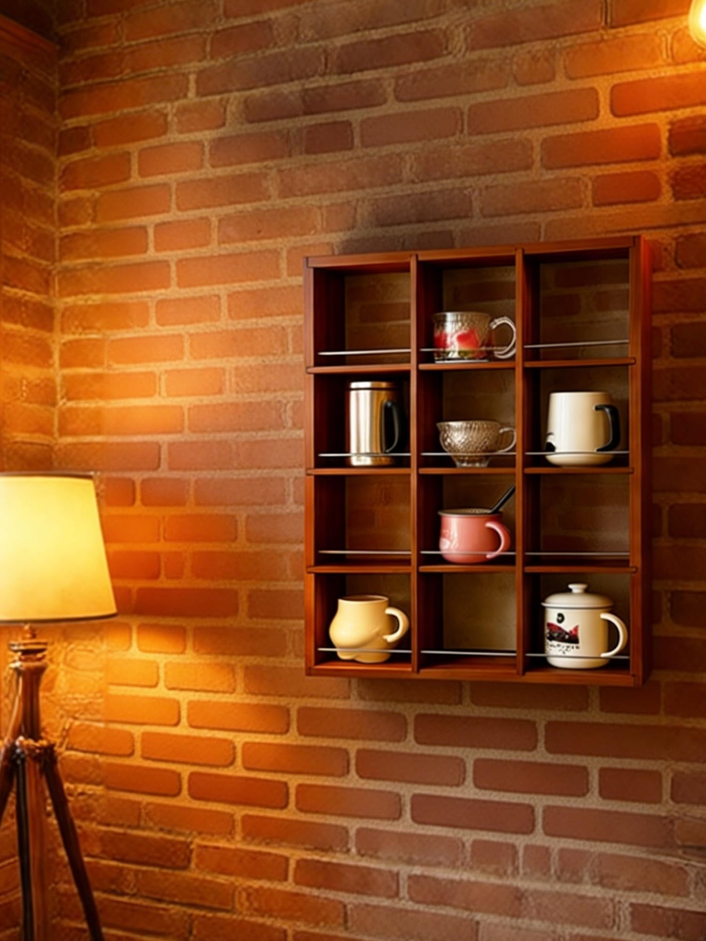 YIYUESHIJIU Wall Mounted Coffee Cup Holder, Cup Holder, 4-Tier Cup Display Shelf, Kitchen Coffee Bar Storage Organizer for Mugs, Cups and Collectibles with 12 Compartment (Walnut)