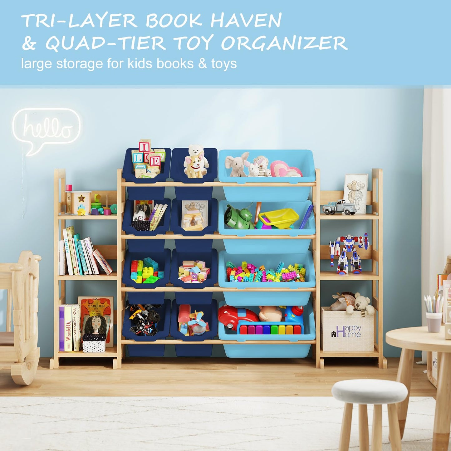 EXPERLAM Extra Large Toy Storage - Toy Storage Organizer, Wooden Toy Organizer with 6 Side Shelves and 12 Bins, 3-in-1 Bookshelf for Kids Rooms, Playroom, Nursery, Blue