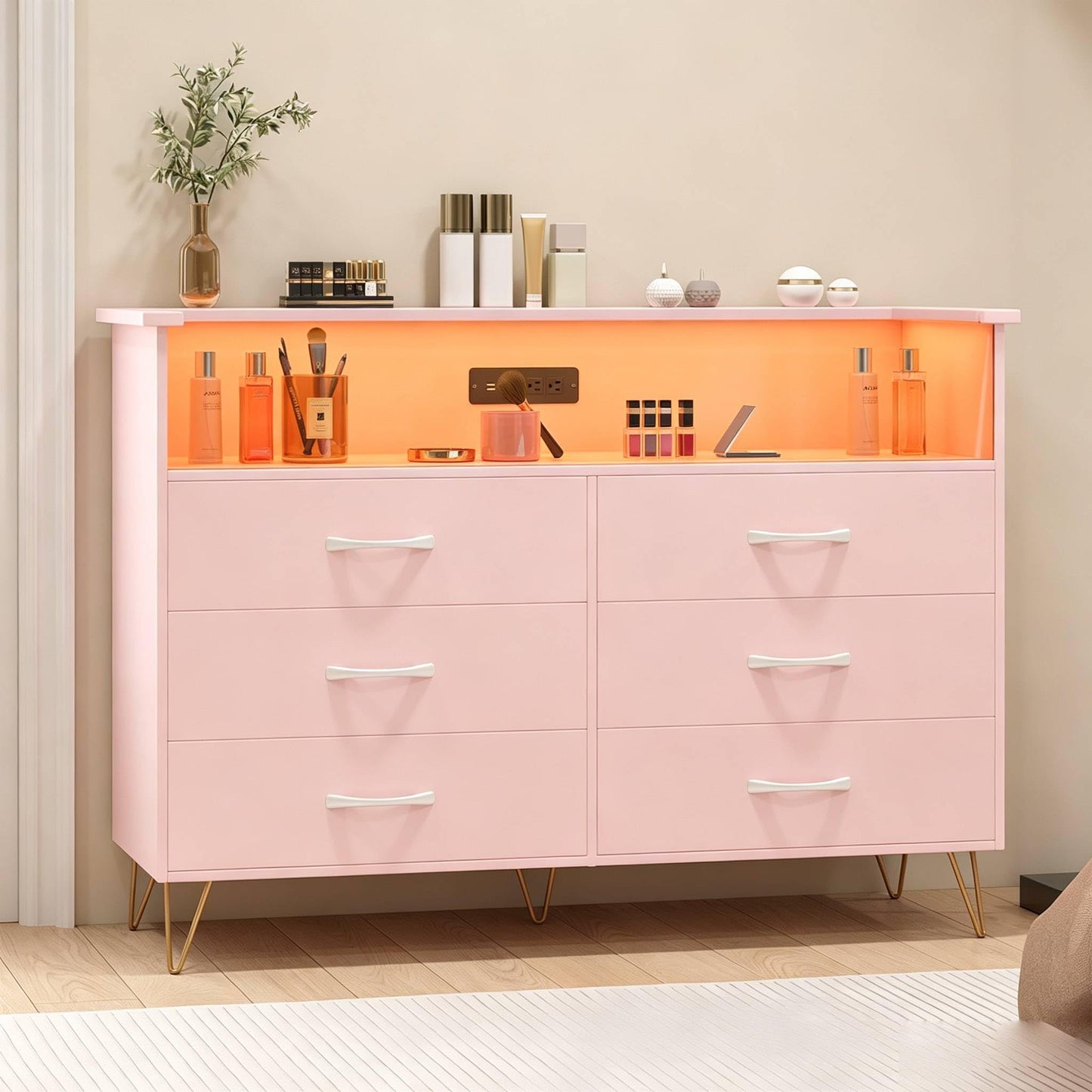 GarveeHome Modern 6-Drawer Dresser with Power Outlet & LED Light | Wooden Chest with 2-Tier Open Shelves & Wide Drawers for Bedroom, Living Room, Entryway, or As a TV Stand