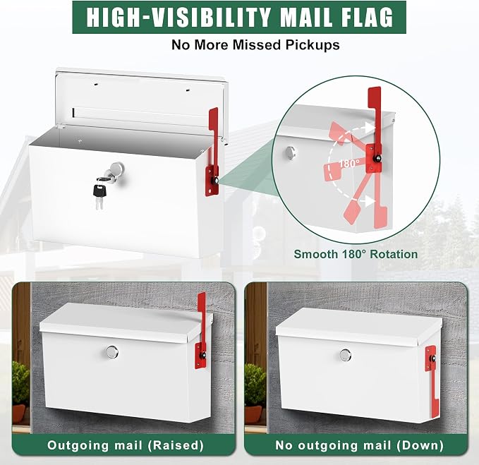 Large Wall Mount Mailbox for Outside with Flag, Locking Mailbox Wall Mounted, Galvanized Steel Rustproof Metal Mailbox, Modern Mail Box for House Outside, White, 15.9''x9.6''x5.2''