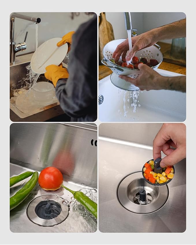 Hibbent Upgraded 2 Pack 3 in 1 Kitchen Sink Drain Strainer and Stopper Combo