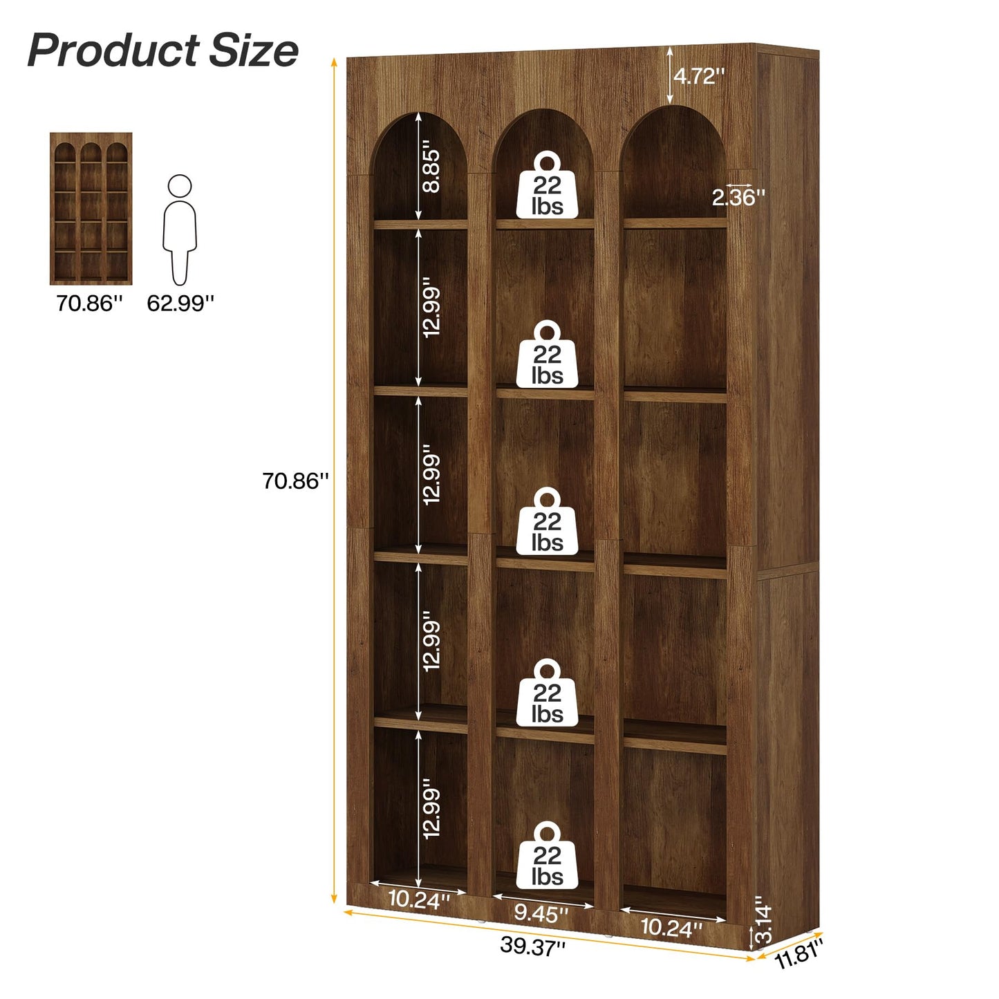 LITTLE TREE 5-Tier Bookshelf, 70.8-in Tall Bookcase with Open Shelves, Wooden Display Bookshelves and Bookcases, Vintage Display Book Shelf for Bedroom, Living Room, Office, Brown