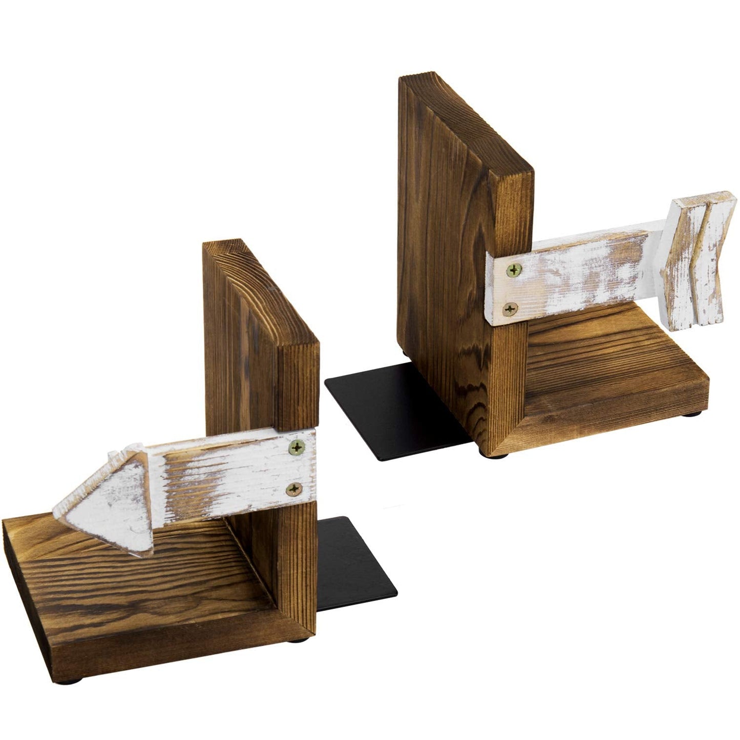MyGift Farmhouse Bookends, Rustic Book Ends Kitchen, Tabletop Boho Bookend Support Stands, Whitewashed Arrow Design and Burnt Dark Brown Wood