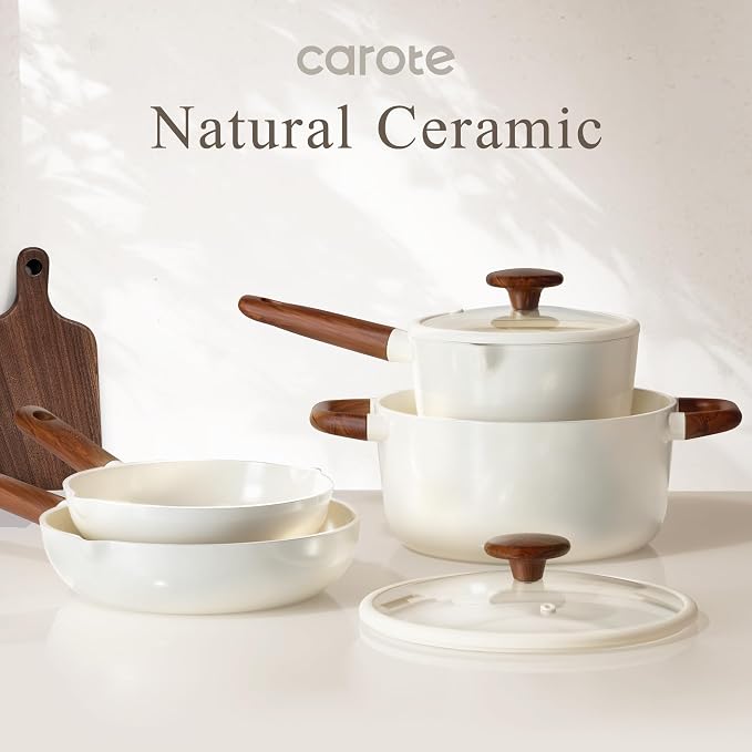 CAROTE 21pcs Cookware Set Nonstick Pots and Pans Set, Ceramic Cookware Set Induction Cookware, Non toxic Healthy Non Stick Kitchen Cooking Set, PFAS PTFE Free, White
