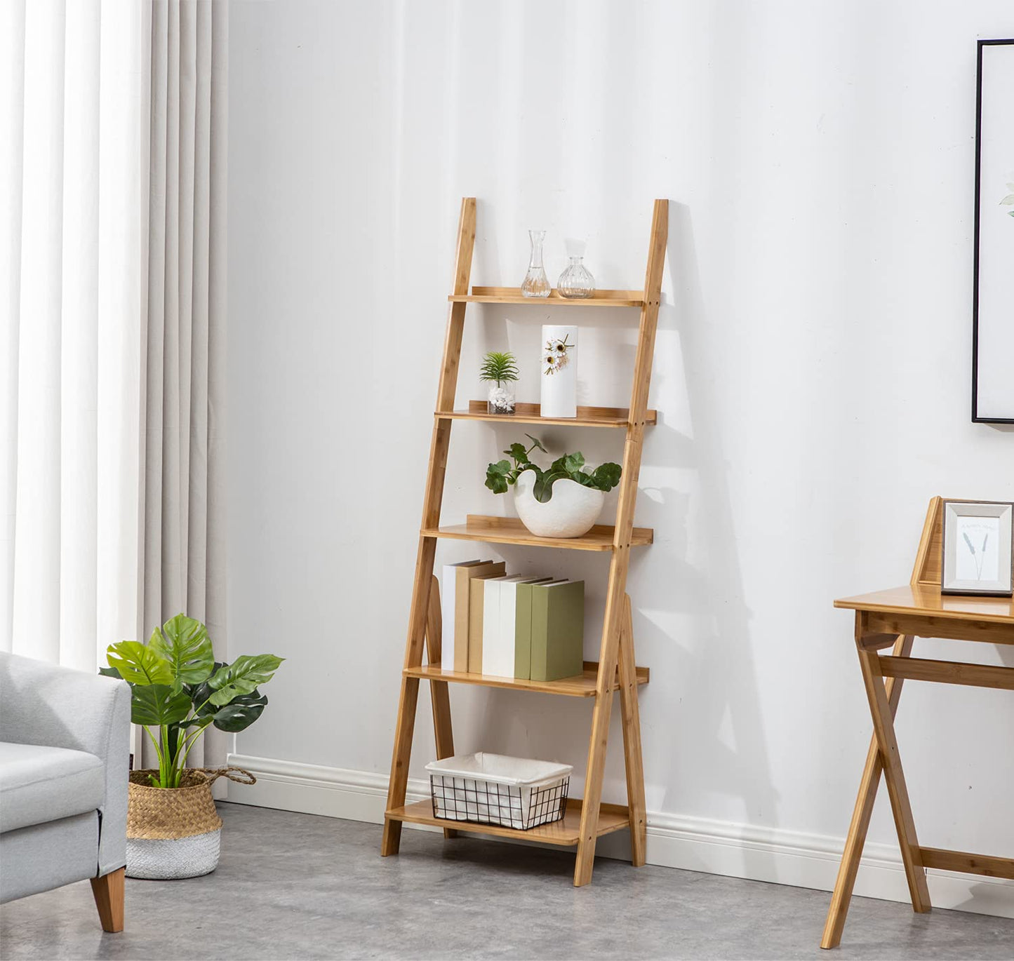 SOBIBO Ladder Shelf Bookshelf, 5-Tier Leaning Shelf, Free Standing Organizer Storage Shelves, Storage Rack Shelf for Office, Living Room, Bedroom, Natural