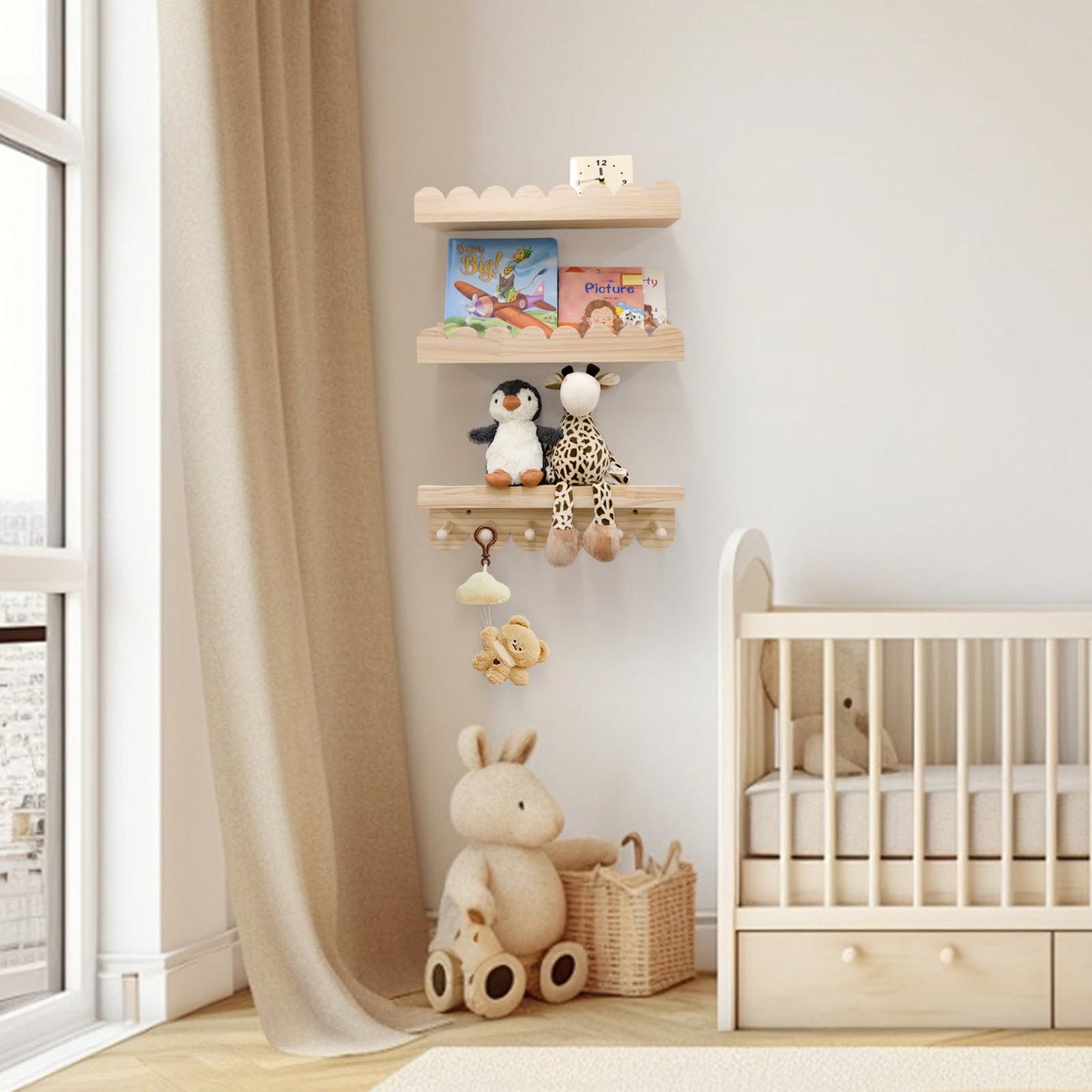 icnjdMopclean Nursery Shelves for Wall with Hooks-Scalloped Wall Book Shelves for Bedroom Kids Set of 3, Nursery Furniture Must Have, 16 Inch, Natural