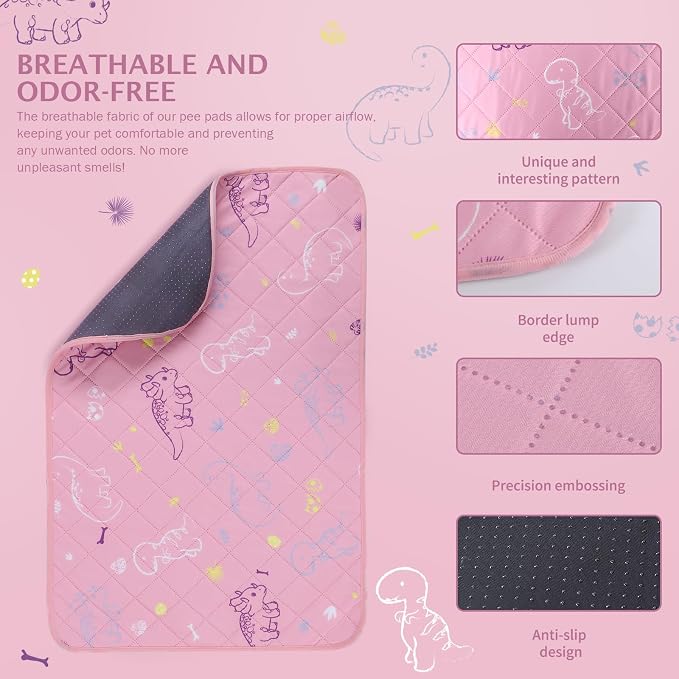 IEUUMLER Washable Pee Pads for Dogs, 2 Pack Non-Slip & Waterproof Pack Whelping Pad, Reusable Washable Puppy Potty Training Pad with Fast Absorbent for Playpen EU007 (Pink Dinosaur, 36"X48"-2pcs)