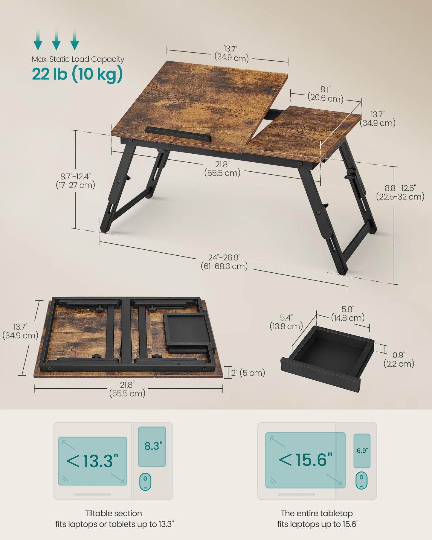 SONGMICS Bed Laptop Desk, Folding Bed Tray for Laptop up to 15.6 Inches, Adjustable Angle and Height, Portable for Working Reading Writing Breakfast, Bamboo Legs, Drawer, Rustic Brown ULLD105B01