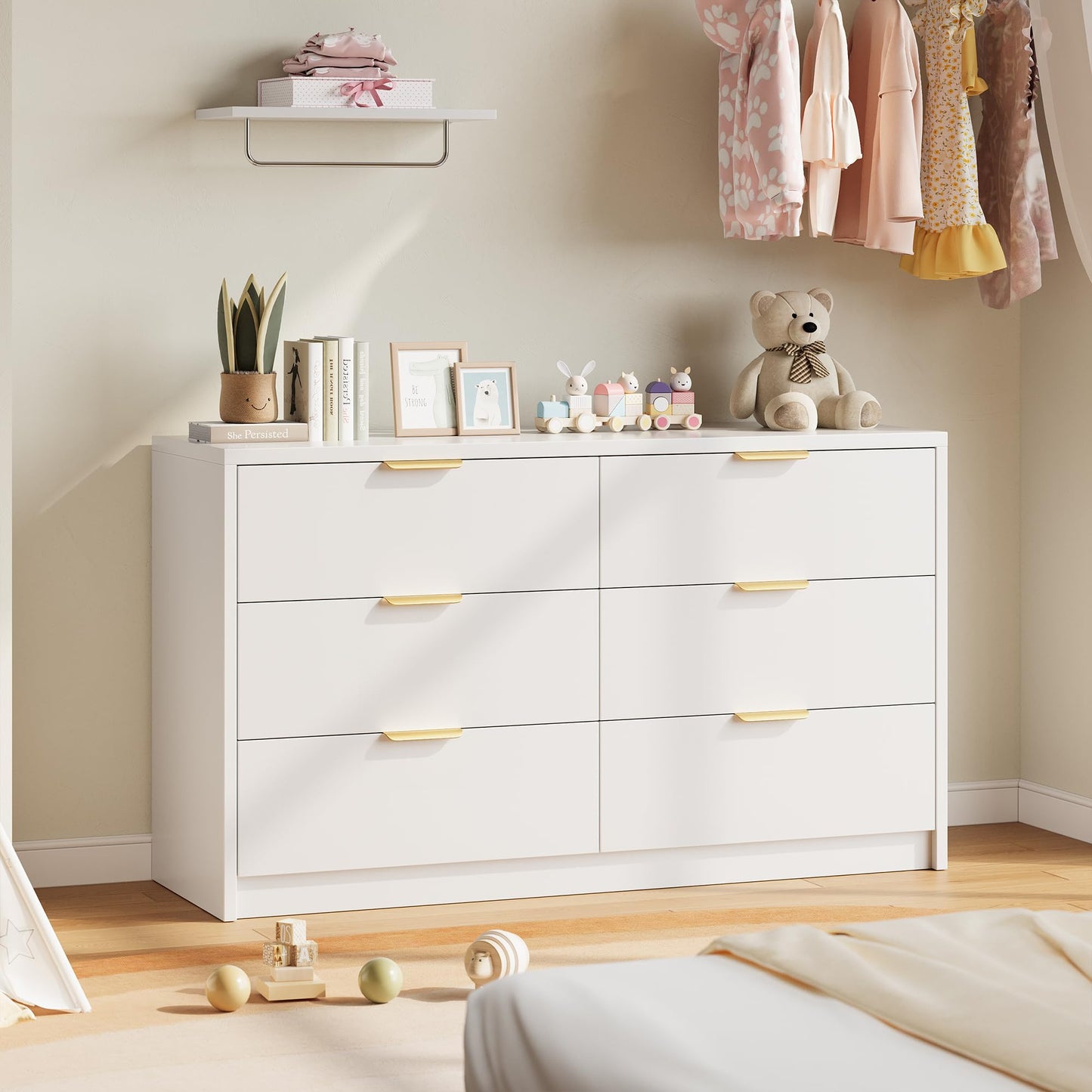 MapleGrace 53" Wide 6 Drawer Dresser for Bedroom, Modern Simple Wood Dresser Chest of Drawers Closet Store Organizer for Living Room, Hallway (White, 15.4" D x 53.1" W x 30.9" H (6 Drawers))