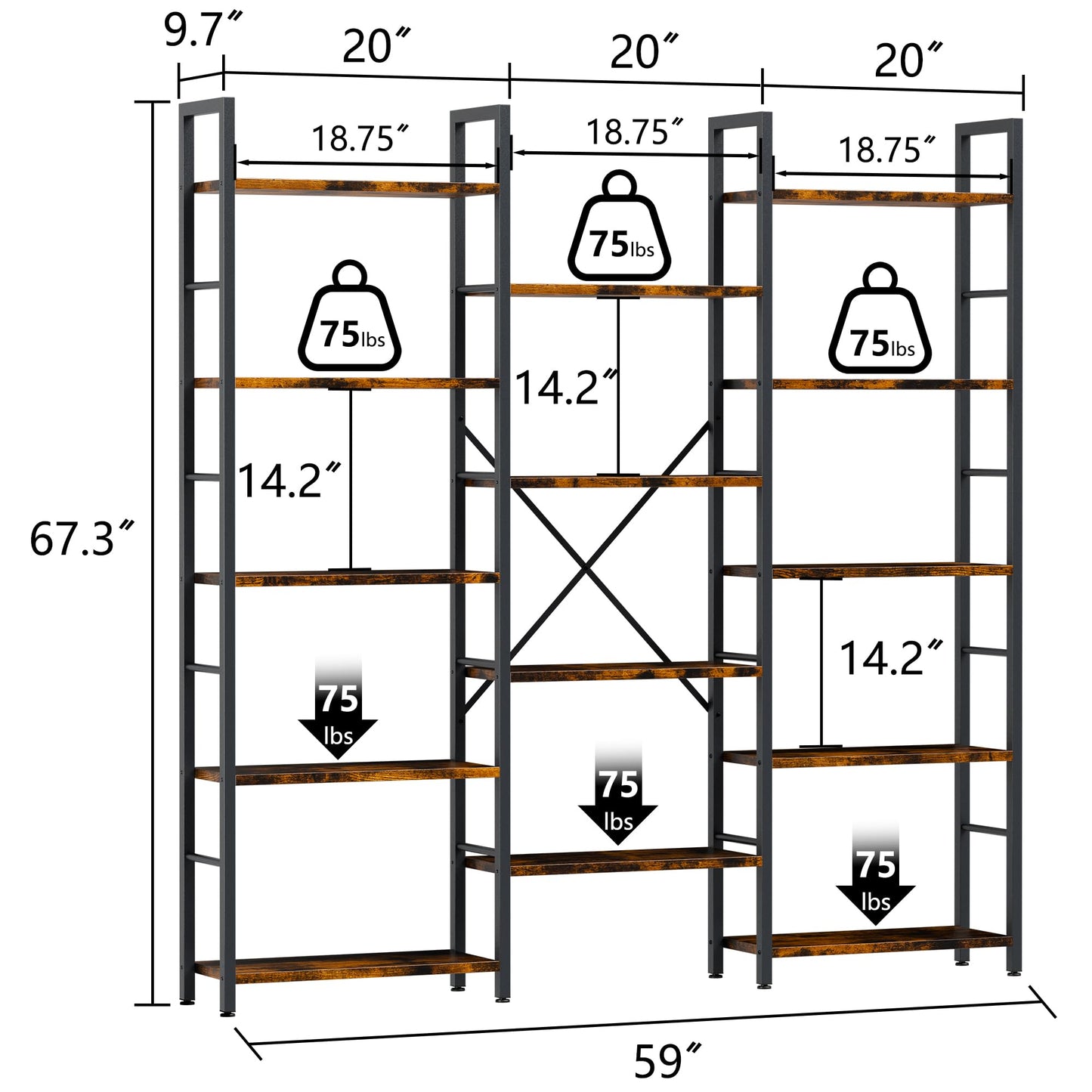 Shintenchi Triple 5 Tier Bookshelf, Industrial Large Bookcase with 14 Open Display Shelves, Large Etagere Bookshelf,Wide Book Shelf Book Case for Home & Office, Brown