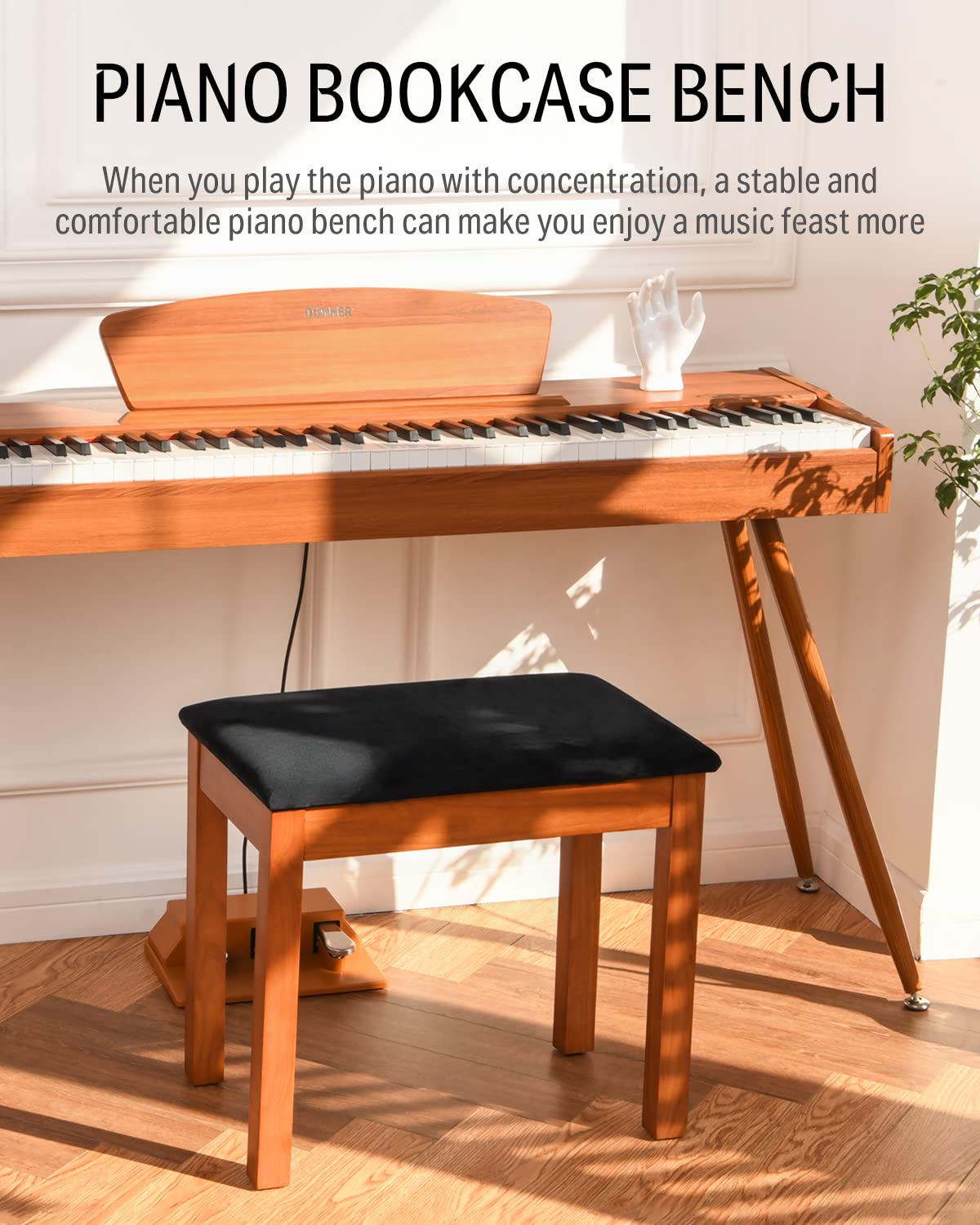 Donner Piano Bench with Storage, Solid Wood Keyboard Bench Piano Bookcase Stool Chair Seat with High-Density Suede Cushion, Wood Finish Color