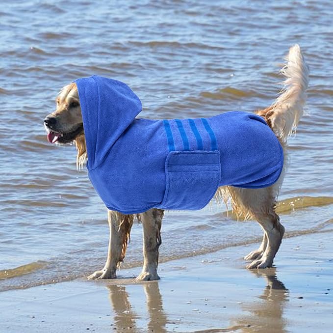 Geyecete Dog Drying Coats with Hood - Absorbent Robe Dry Fast Dog Towel - Microfibre Fast Drying Super Absorbent - Blue - L