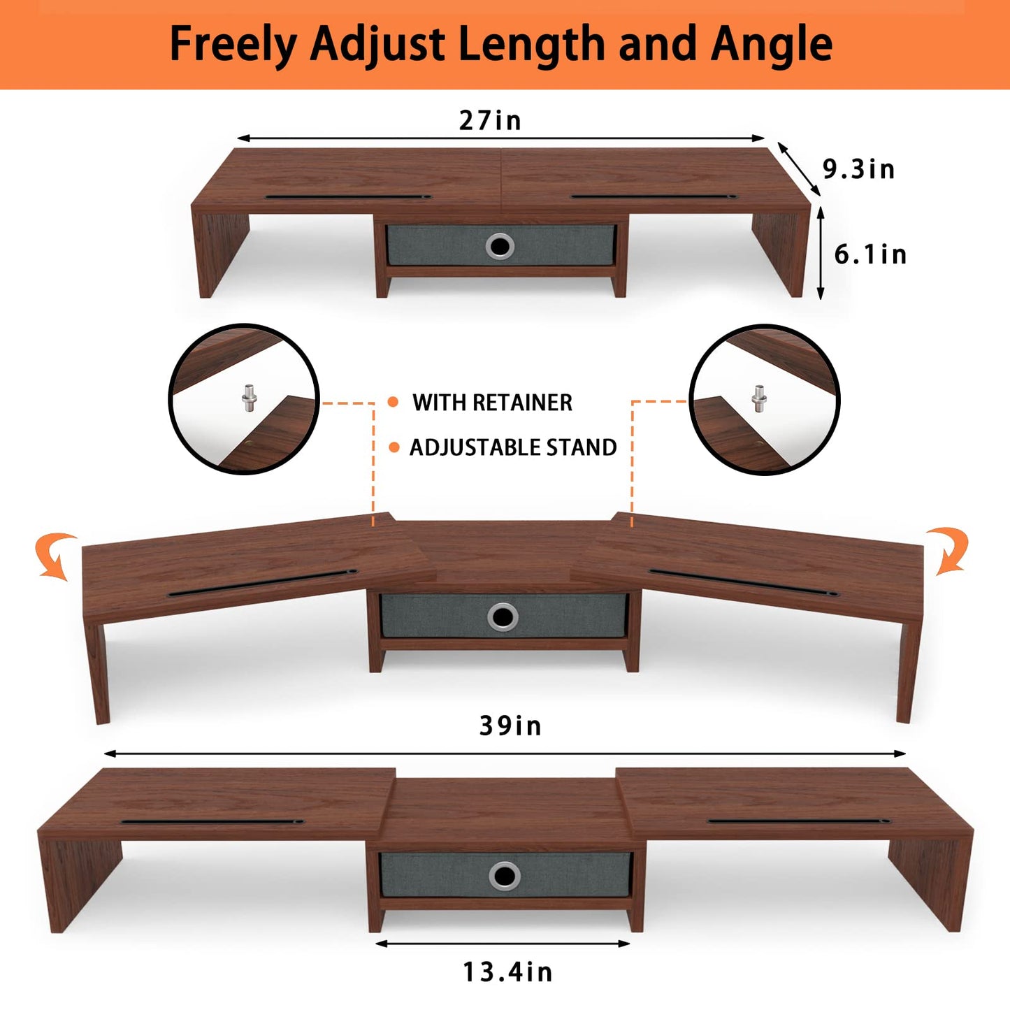 WESTREE Dual Monitor Stand Riser with Drawer - Adjustable Length and Angle, 2 Phone Hold, Desktop Organizer for Computer/Laptop/PC/Printer