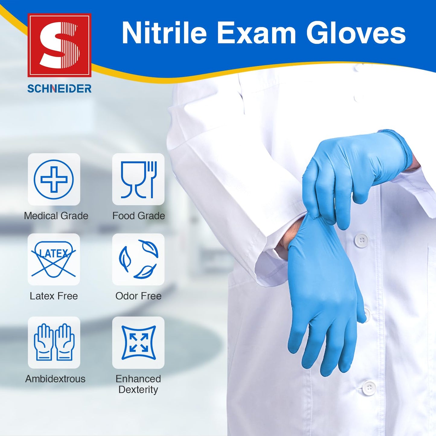 Schneider Nitrile Exam Gloves - M, 100-ct Box,Blue Disposable Gloves, Latex Free, Powder Free, Medical Glove for Cooking, Cleaning, Examination