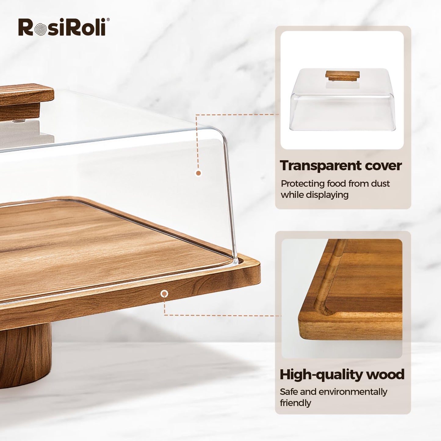RosiRoli Acacia Wood Cake Stand with Lid, 2-in-1 Rectangular Charcuterie Board & Dessert Display with Shatterproof Acrylic Dome Cover, Serving Platter for Outdoor Entertaining, Wedding Receptions