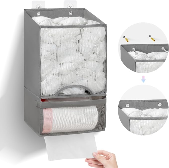 HOUSE AGAIN Bag Holder- Extra Large Plastic Bag Saver Dispenser, Wall Mount Organizer for Grocery Trash Roll,Oxford Machine Washable-Daily Storage Solution for Home Kitchen/Bathroom/Laundry/Deep Grey