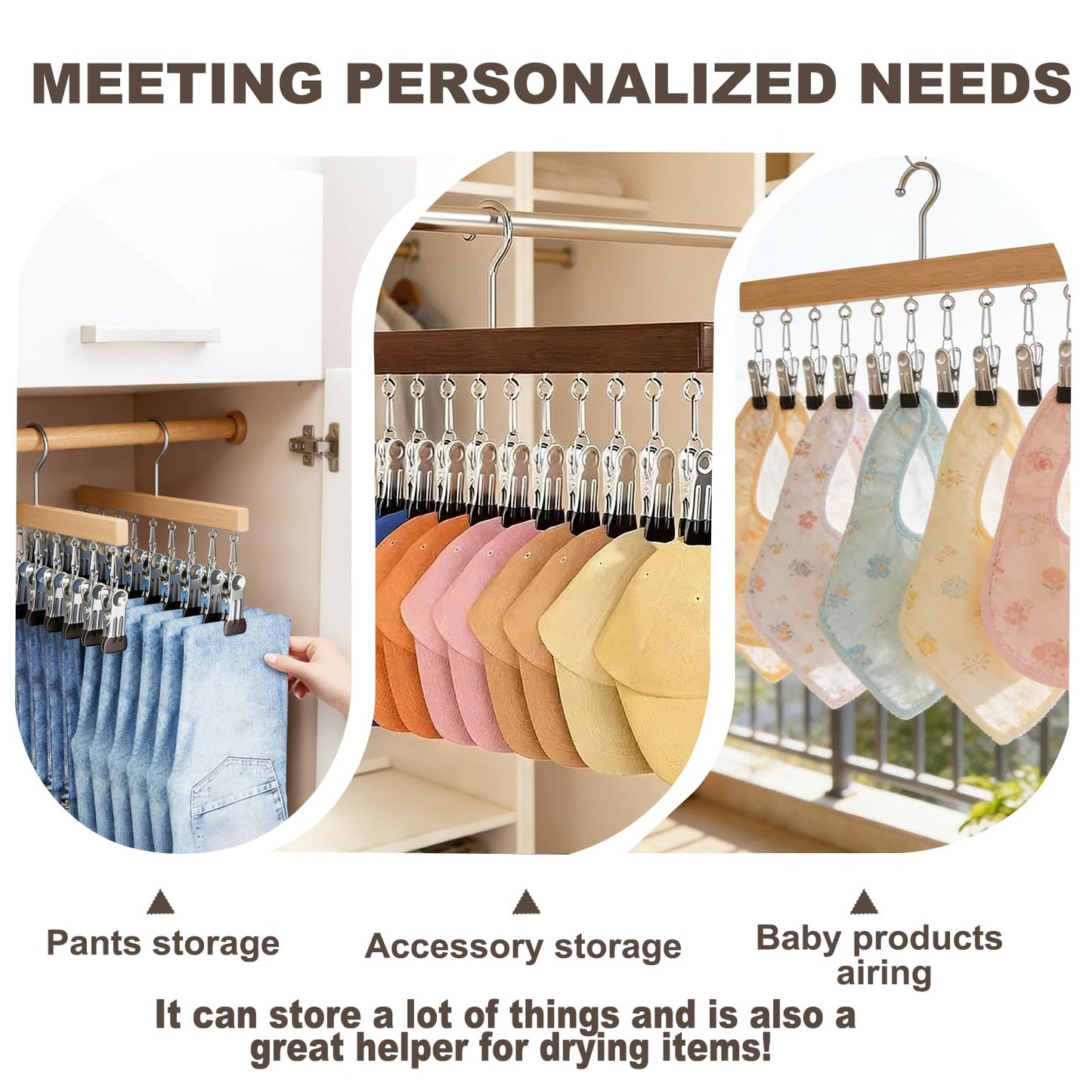 Shgxjjnb Wooden Rotating Pants Hanger, Closet Organizer with 12 Clips, Space Saving Hanging Clothes Legging Wardrobe Organizer for Jeans, Hats, Shorts, Socks (Brown+Nature, 2Pack)