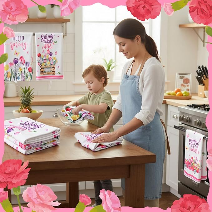 Breling Set of 6 Spring Kitchen Towels Tulip Dish Towel Flower Bathroom