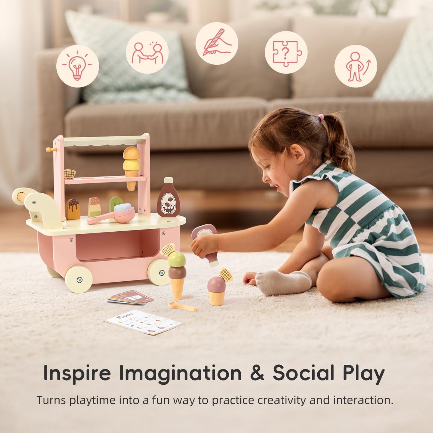 OOOK Wooden Ice Cream Cart for Kids, Ice Cream Truck Toy with Scooper & Wheels, Play Kitchen Accessories for Pretend Play with Menu & Pretend Money, Imaginative Preschool Toys for Girls & Boys 3+