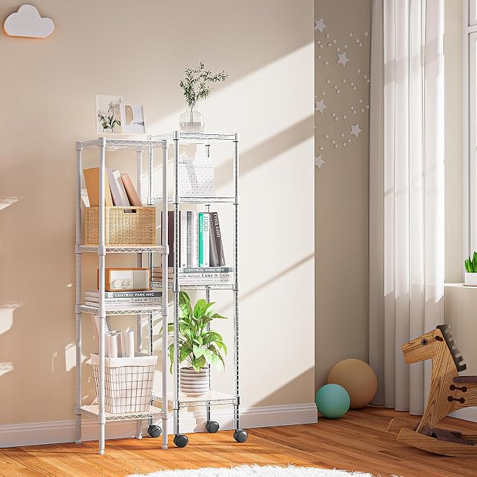 M MZG Storage Shelves Adjustable, 4 Tier Shelving Units for Storage with Wheels, Corrosion Resistant Wire Shelving Unit for Kitchen Closet Bathroom Office, Chrome 11.8" D x 11.8" W x 48.1" H