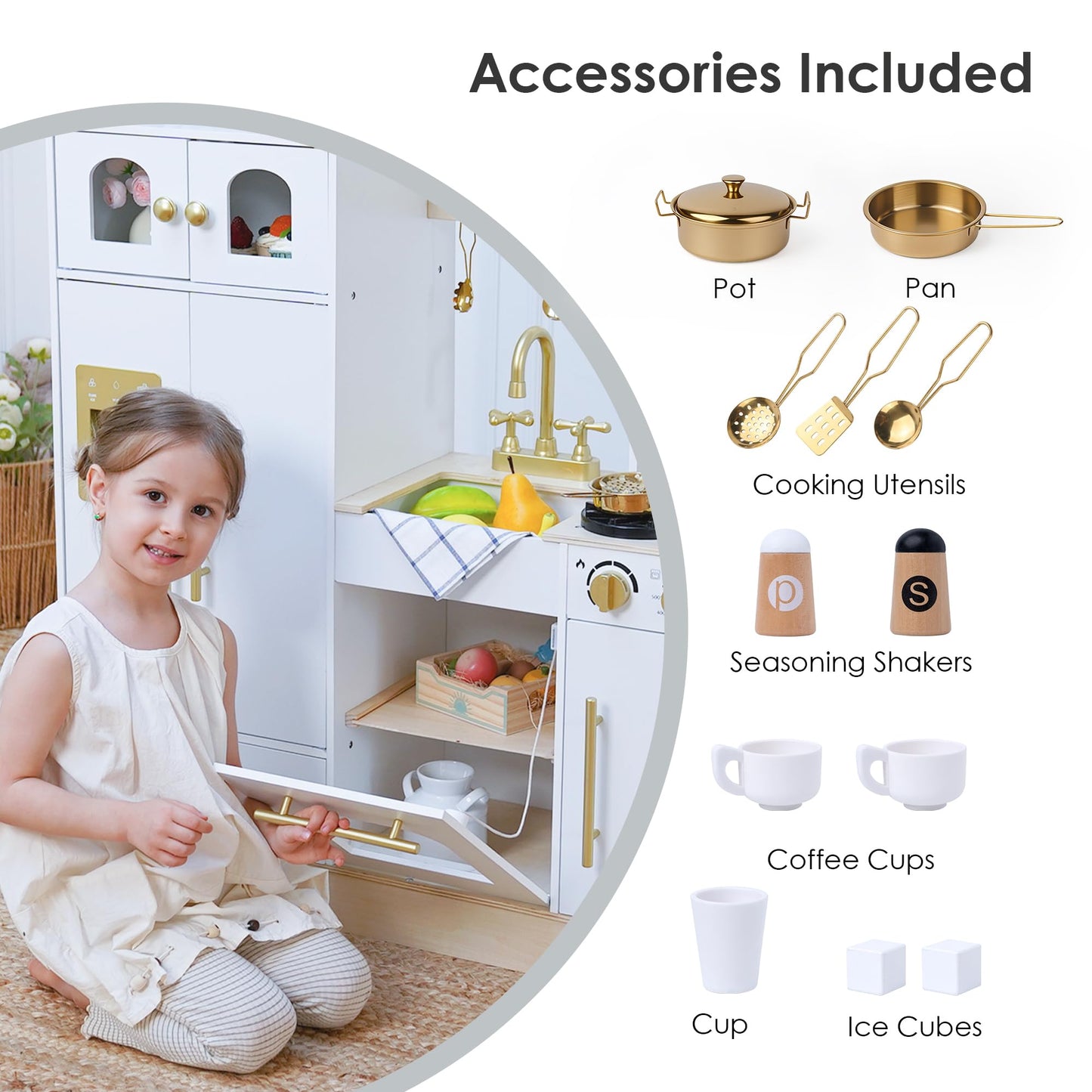 Leeshyah Wooden Kids Play Kitchen, Pretend Cooking Toy Set with Stove, Sink, Coffee Maker & 11 Accessories, Montessori-Inspired Kitchen Playset for Toddlers Ages 3+