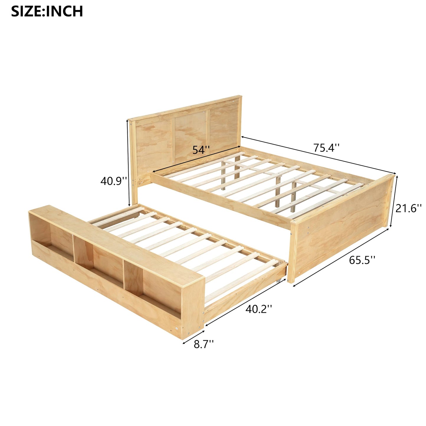 Merax Classic Wooden Platform Bed with Trundle Bed and Storage Cabinet, Full Storage Bed Frame with Headboard for Bedroom, Guest Room,No Box Spring Needed,Easy Assemble, Natural