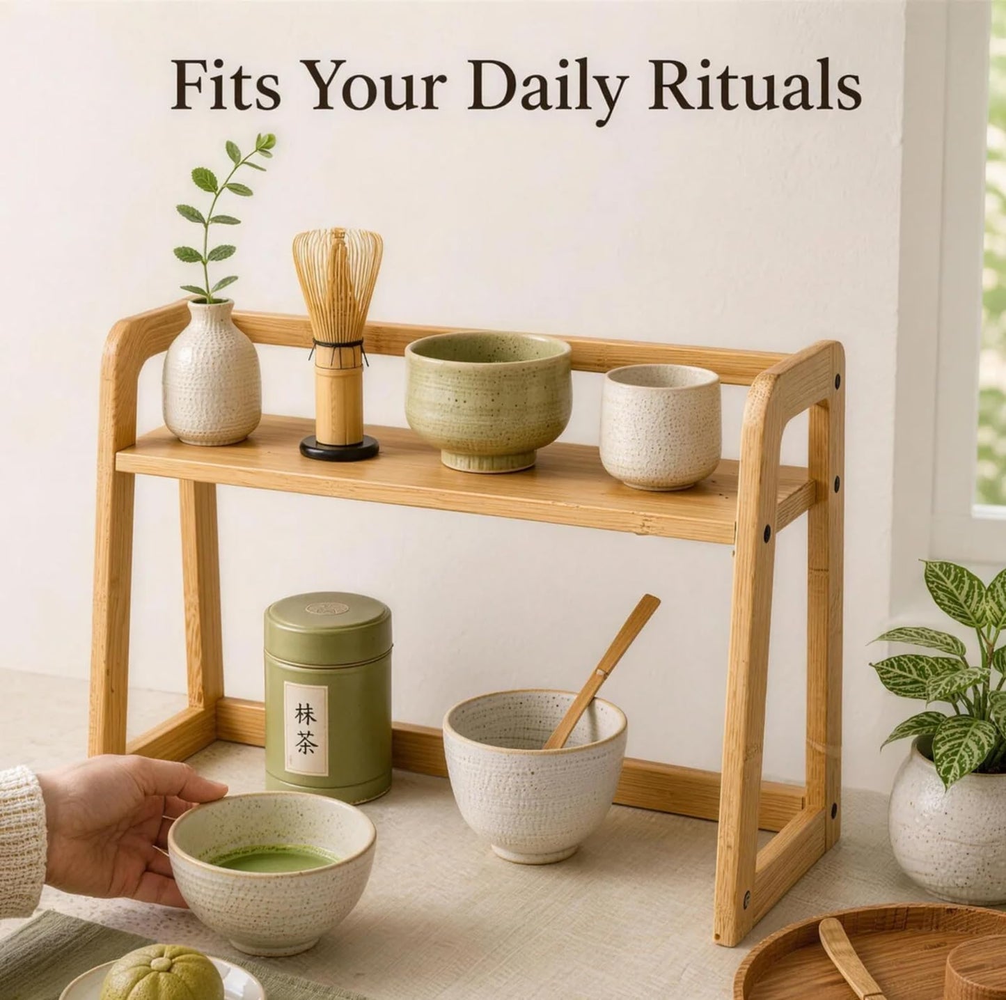 Ciuwuuhe 2-Tier Bamboo Matcha Station, Coffee Station Organizer, Open Counter Storage Shelf for Syrup Bottles and Coffee Essentials