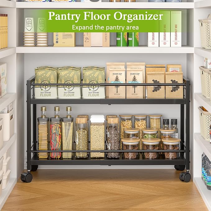 1 Pack 2-Tier Expandable Pantry Floor Organizer Cart, Rolling Pantry Storage Cart with Wheel, Adjustable Can Organizer for Kitchen Pantry, Pantry Shelves and Storage Rack for Snacks, Vegetables, Black
